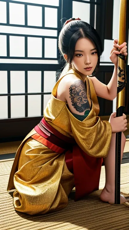 woman sitting on the ground with a sword and tattoo, Slim Yakuza Girl, katanas strapped to her back, Oriental tattoos, She holds a katana sword, female Samurai, Yakuza tattoo on the body, of a Taiwanese girl with tattoos, Full body tattoos, Full body tatto...