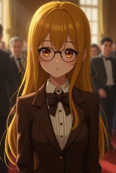  female character ,  with long hair,  and yellow bangs, round glasses,  brown eyes and brown clothes  (I wore a) feminine formal .