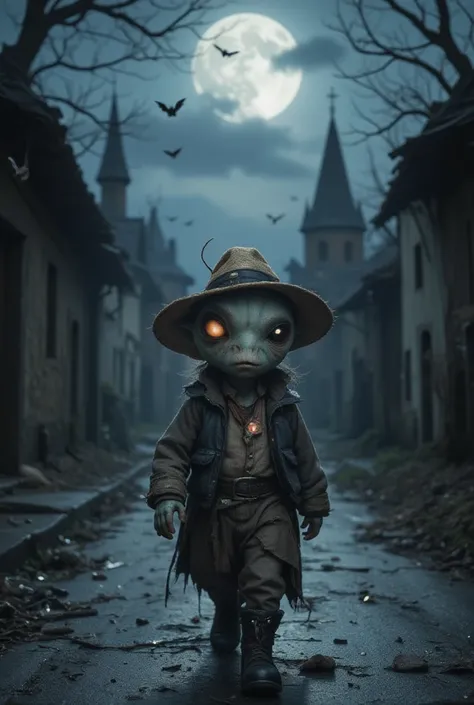 A Halloween-themed chibi-ET-style-alien creature, wore straw hat, shabby clothes and damaged boot, made of black leather, walking with horrified accessories, dark alley, burned down fantasy-village, filled with magic, very dark night, cloudy dark sky, a mo...