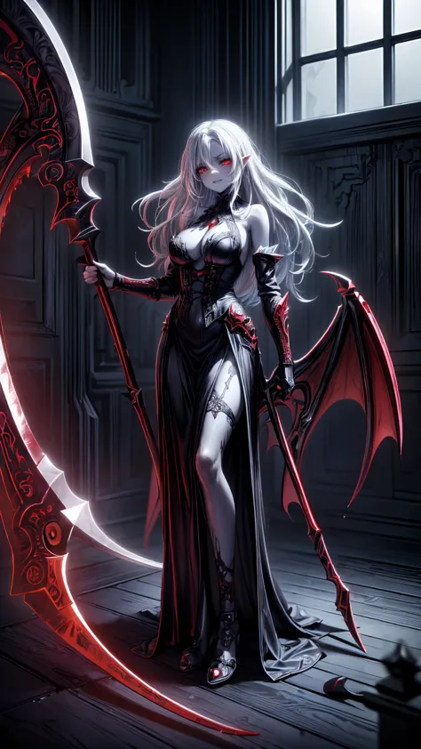 safe_Location, ( Intricate Details :1.0), ( Intricate Details ,  high detail:1.15),(Oily damp skin:1.3),( DRAMATIC LIGHT :1.4),  Movie-like ,  very detailed , (Vampire queen), (Long white hair), ( red glowing eyes), (Pale skin),  sexy outfit , Wearing blood stained leather clothing, (Victorian dress, Goth), (dark, 薄dark照明, darkness, Mood shot, Creepy feeling, dawn), , ( shows the whole body, Holding a red and black sickle:1.3), (Inside an intricately decorated demon castle, Bone carved into the wall, Intricate red work, incantation,  magic ,  Fantasy ), (Spiky evil shoulder pads, Armor shoulder pads), (Large white fangs:1.4), (Big Scythe:1.3),  Link Ibera , Sand 1 , ltctr, color + Light contour
