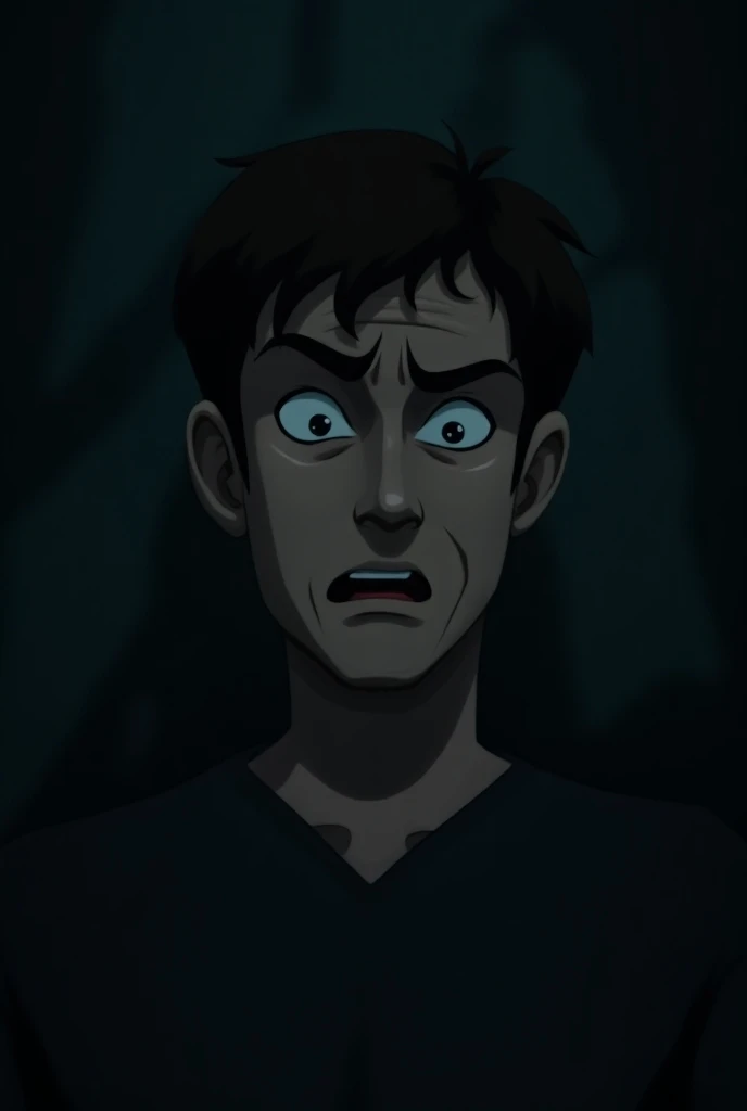 A dark background with a man in front looking into the dark ,  feels confused and sad and is looking for a way to manage the feelings that torment him. The image is animated 