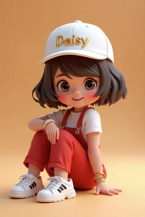 A 9D render of a chibi-style female character named Daisy sitting playfully next to a modern theater studio with seamless walls. Daisy has short, black brown hair and wears a white cap with her name "daisy" inscribed in metallic gold. She is dressed in the...