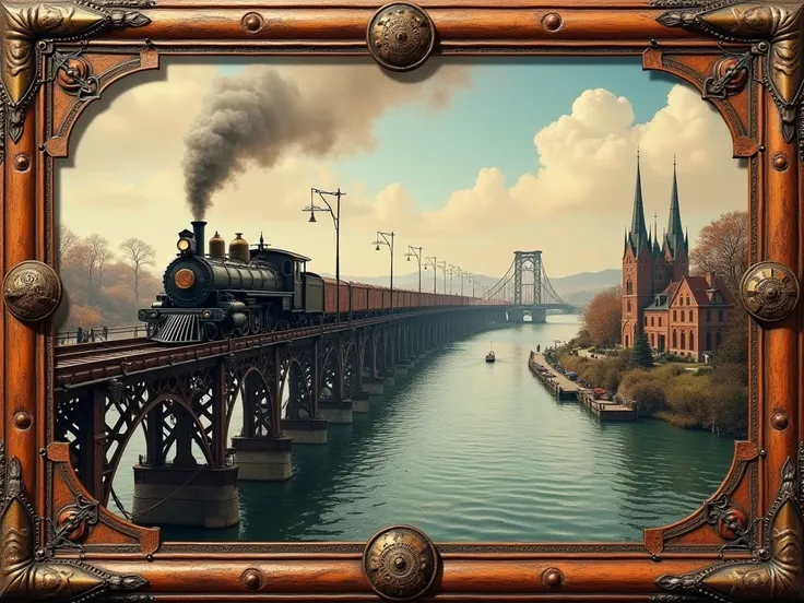 Create a Victorian postcard with a copper-colored ornamental frame with acid oxidation spots,  with antique clocks , rivets, leather straps, gears, notches ,  springs and filigree ,  The postcard will depict the construction of an old iron railway bridge w...