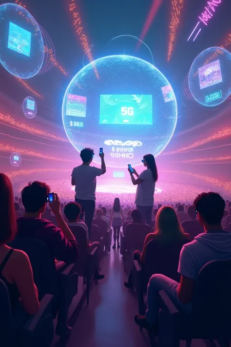 A vibrant and dynamic scene depicting a futuristic entertainment venue enhanced by 5G technology. The image features fans using augmented reality (AR) glasses to interact with live performances, with holographic displays showing real-time statistics and im...