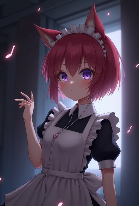  high resolution,  1 girl, Short hair,  Redhead, Purple eyes,Animal ears,  flickering light , earphones, Black hair,  shy, Maid outfi, 1 girl, 