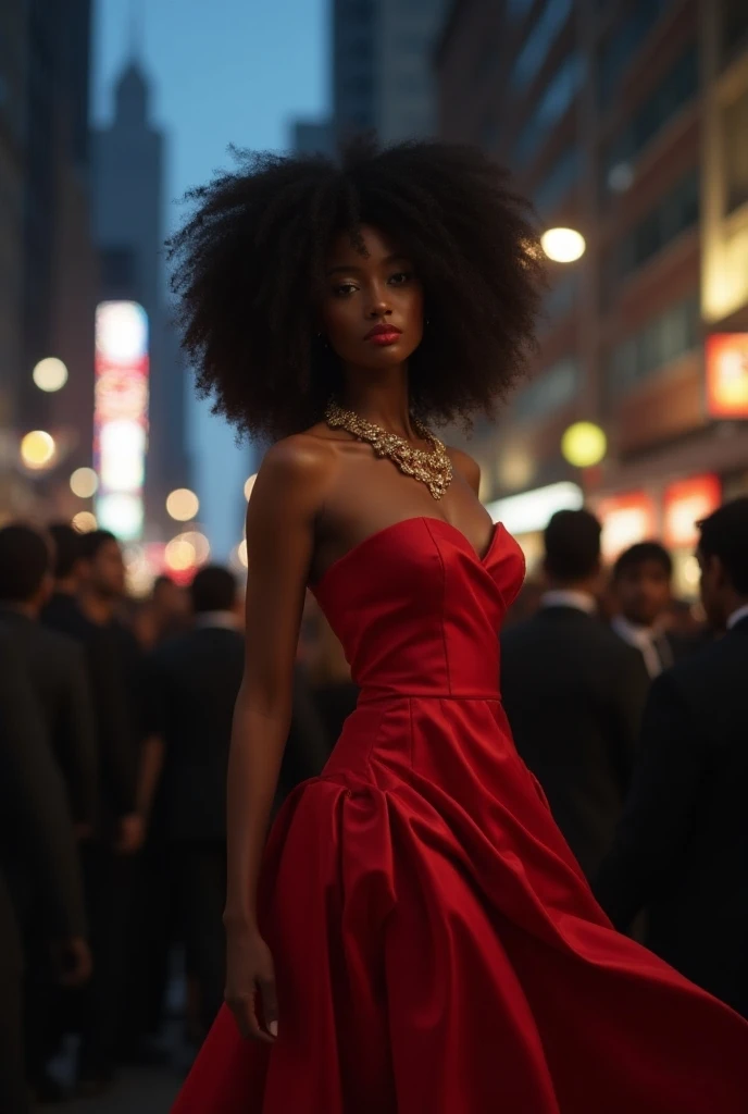 With other girls around her Generate an image of a dark black lady with Afro hair in an elegant red dress standing in a city with tall buildings at night 