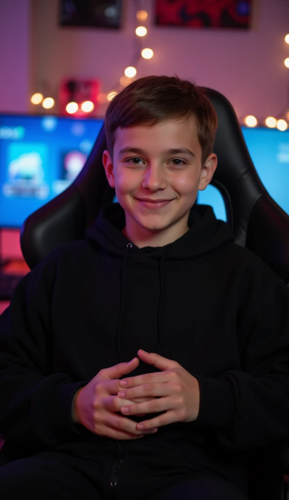  A boy is seated in a gamer chair ,  with folded hands and a friendly face , wearing black clothes . In the background,  a gamer setup a bit blurry like a camera lens,  with lights that create an attractive and immersive atmosphere .  He seems to be presen...