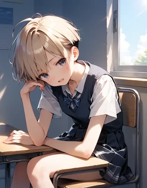 score_9, score_8_up, score_7_up, source_anime, best quality, masterpiece, official art, absurdres, highres, ultra-detailed,waifu2x, rating:general, break,1girl, tomboy, little female, school uniform, on chair, sunlight, very short hair, pixie cut, flipped ...