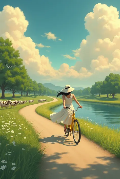 a landscape,  in the middle of a straight road ,  far and long with several trees on the side , tall grasses, cloudy sky,  a lake next to ,  cows with white and black spots , eating the grass ,  cherry roses ,  a woman in the middle of the road wearing a w...