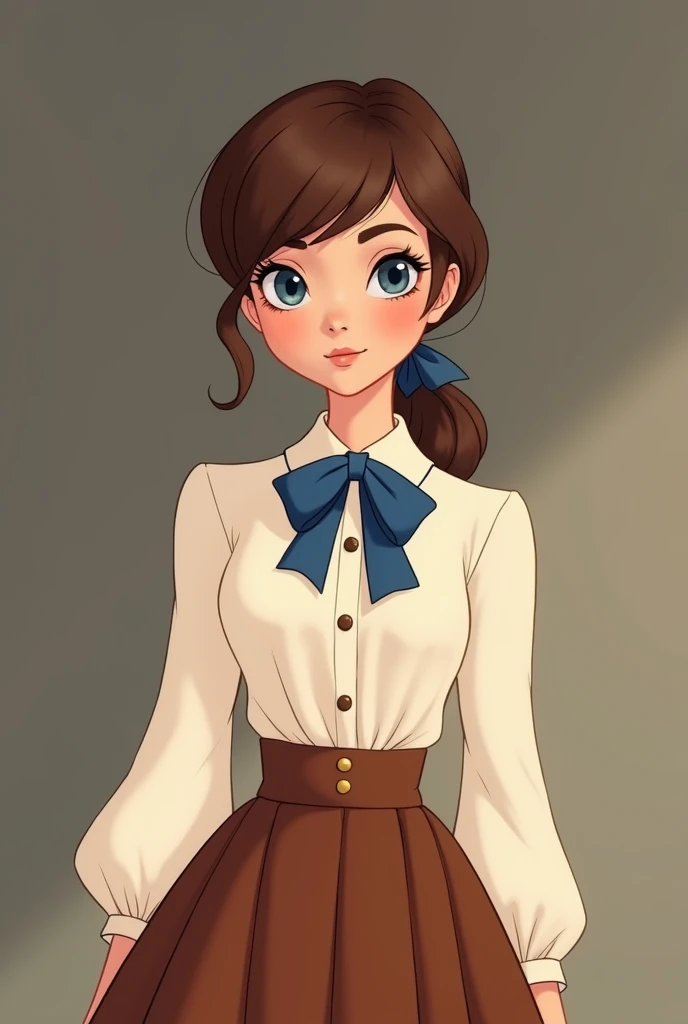 A young woman in a disney style wearing an ivory blouse with a blue bown tied on the peterpan collar, with a relaxed silhouette and slightly fluttering long sleeves, perfect

To match, a high-waisted A-line skirt in a rich chestnut brown shade. The skirt i...