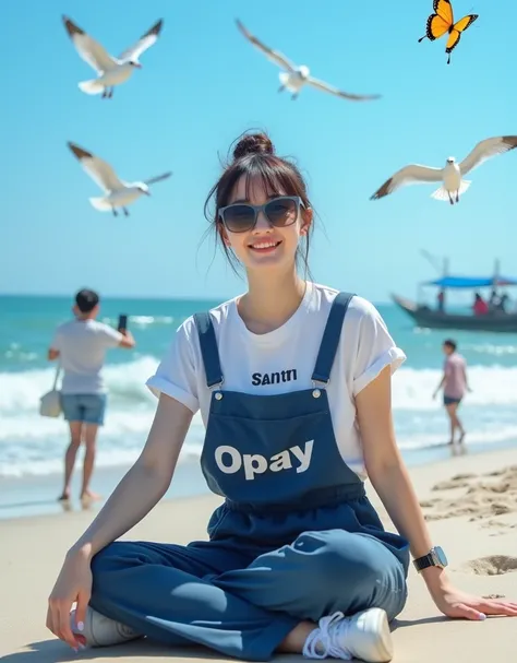 Beautiful Indonesian woman, smooth white skin, well-groomed face, Korean style bun hair with bangs, white t-shirt with the Santi logo, wearing (indigo blue jumpsuit pants that say "OPAY"), wearing sunglasses, cool watch, wearing white shoes, sitting in a p...