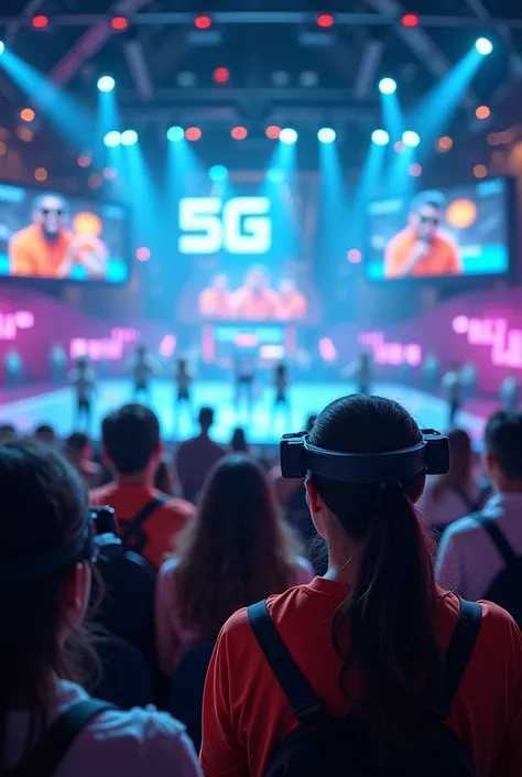 A vibrant and dynamic scene depicting a futuristic entertainment venue enhanced by 5G technology. The image features fans using augmented reality (AR) glasses to interact with live performances, with holographic displays showing real-time statistics and im...