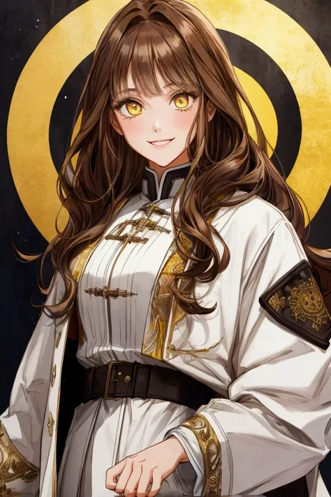 I girl, smile beautifully, yellow eyes and long brown hair, wearing a white jacket 