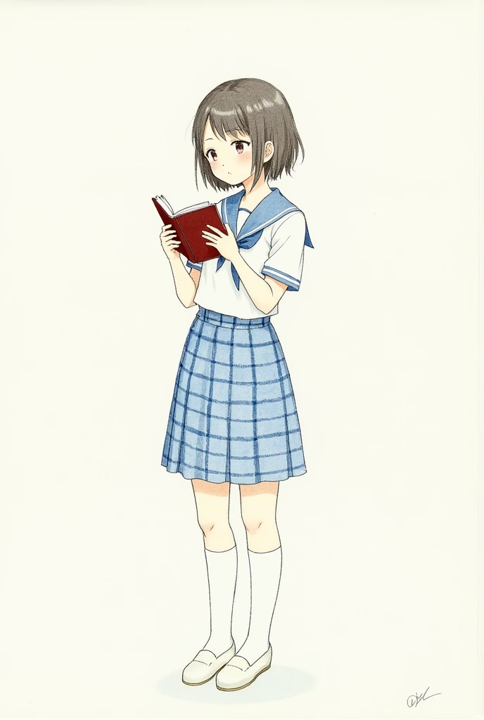  style drawing wearing a blue checkered skirt uniform ,Reading a book 
Capybara :  drawing on paper 
