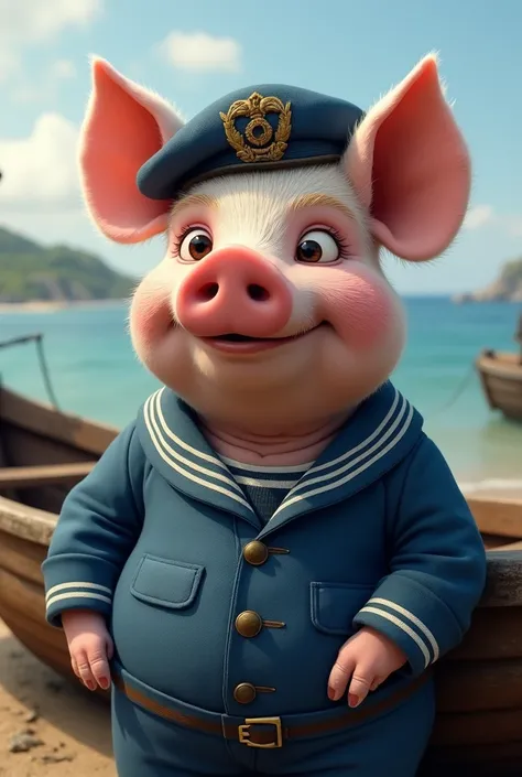 "A realistic elderly pig with a pink complexion, wearing a blue sailor’s outfit and hat, standing near a wooden boat at the seaside, with a kind and wise expression."