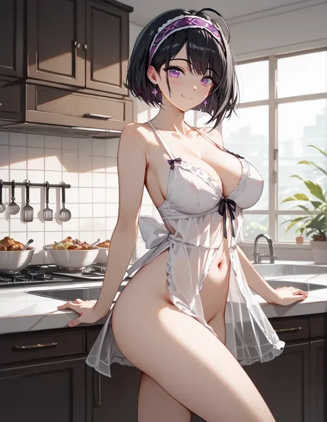 looking at the spectator, masterpiece, necessary, anatómicamente correcto, (nsfw), A beautiful young woman (cuerpo completo, nightgown, big breasts,  slim waist,  big ass, ahoge, short black hair, cut bob, wearing a princess headband, violet eyes, daring s...