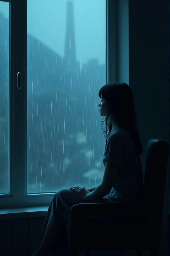 A woman sitting by the window in a dark room and watching the rain fall from the window. A cool blue tone that makes you feel lonely 