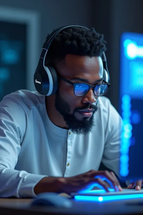 3D illustration featuring a realistic 30-year-old beautiful bearded boy busy developing software on a chair in front of a 3D logo Facebook the boy wearing Hausa dress from another Nigerian, with glasses, with headphones, the background of the image should ...