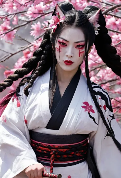   Onna-Bugeisha in bloody armor  ,   mask black feline eyes looking to the side and long hair with braids swaying in the wind bringing sound to the image,  a pretty woman, with cheekbones and pink lips  ,   big, full breasts ,   snow-white kimono with embr...