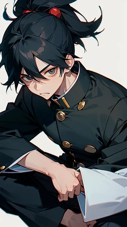 1boy, black hair, sitting, GAKURAN, (background: Japanese style)