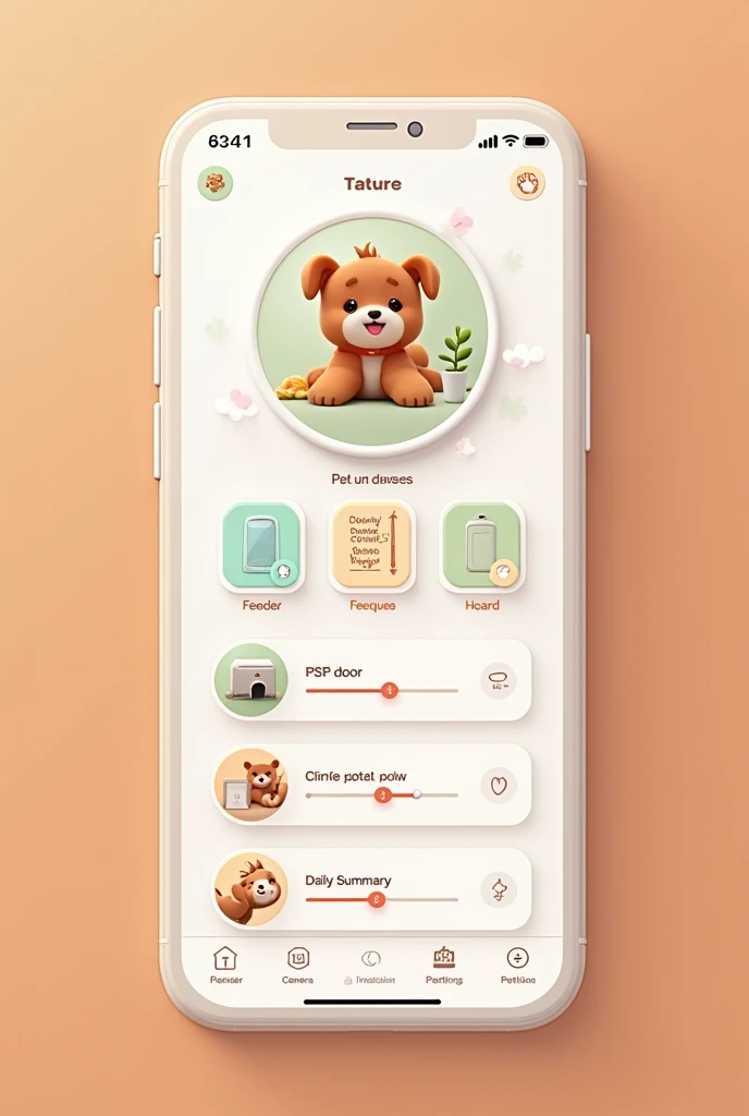 Create a Digital art covering all components of your IoT proposal called cozy pets where it has Header with User Profile and Settings buttons.

Pet status widget with the pet’s picture, current activity, and basic health indicators (e.g., “Fluffy is playin...