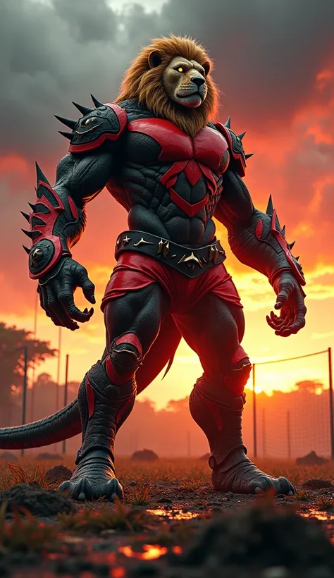 Object: Imposing humanoid hybrid, a fusion of Leão (Sport Recife mascot) and Cobra Coral (Santa Cruz mascot)
Position: Standing in a powerful, dominant stance.
Complete Scene: A dramatic confrontation on a post-apocalyptic football field with shattered goa...