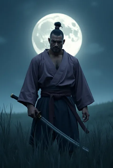  Muscular Asian Middle-Aged Man 、 samurai、 pose with a Japanese sword in your right hand、Place your left hand on your waist 、Mauve Kimono 、 standing 、nightの草原、 huge full moon on background 、night、 masterpiece、 best quality、 detailed face 、Careful depiction...