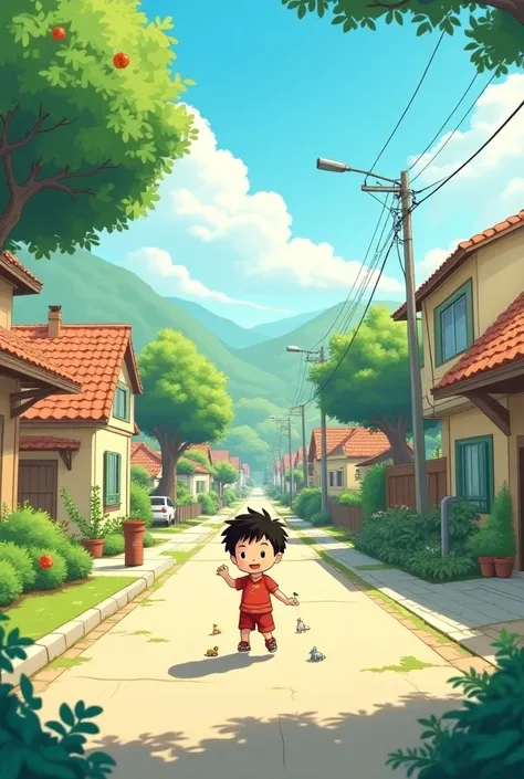 a quiet neighborhood with ren playing in the street animated style