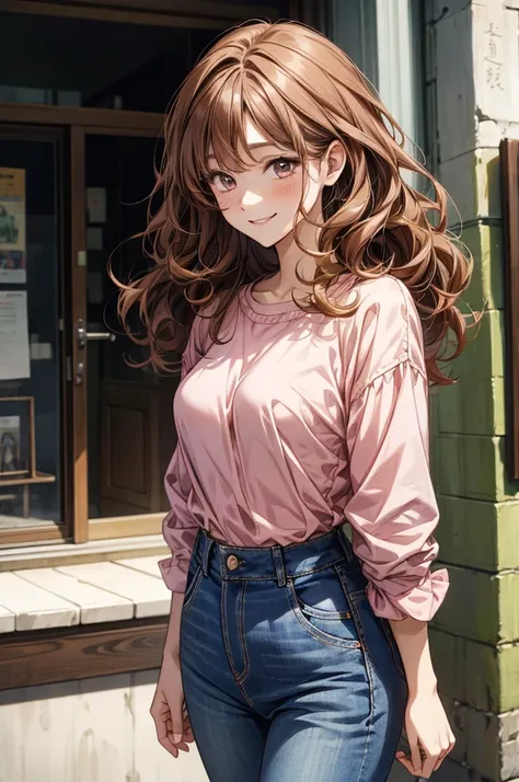 manhwa girl with brown curly hair and pink shirt, jeans, Zetson Style, portrait, smiling and shy look, front view, no boob
