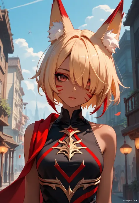  dark skin ,  hair covers the eye, rpg, bare shoulders, 1 girl,  long golden hair, 4K,  red eyes , , fox ears,  duration , hair template ,   red stripes on face,  compose, black mascara, cutout, sleeveless, brassiere,  short shorts ,  city walk , sweet gir...