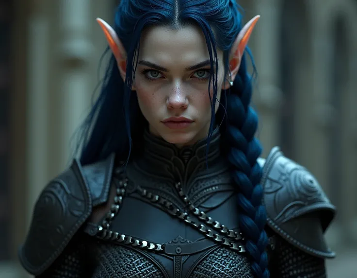 
an adult elf, with a serious look at the camera, dark clothes with a medieval and fighting theme, chain mail, long hair, a slender body, dark blue hair and a side braided hairstyle, sexy