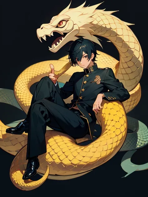 1boy, black hair, sitting, GAKURAN, (background: Japanese style), snake