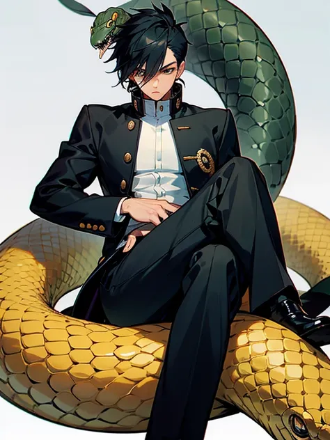 1boy, black hair, sitting, GAKURAN, (background: Japanese style), snake