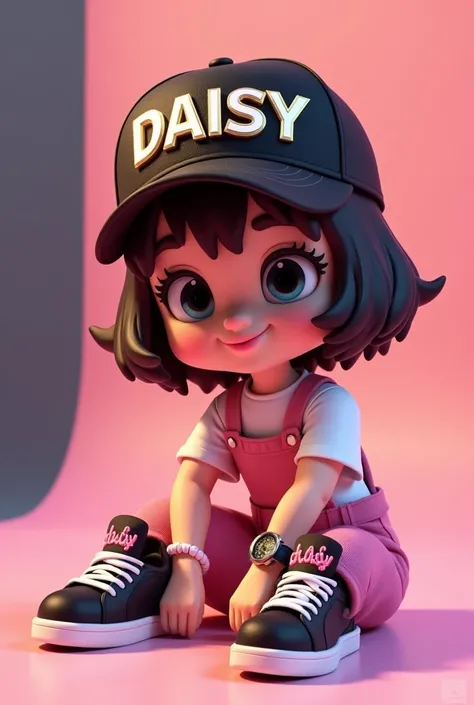 A 9D render of a chibi-style female character named Daisy sitting playfully next to a modern theater studio with seamless walls. Daisy has short, black brown hair and wears a black cap with her name "daisy" inscribed in metallic white and gold. She is dres...