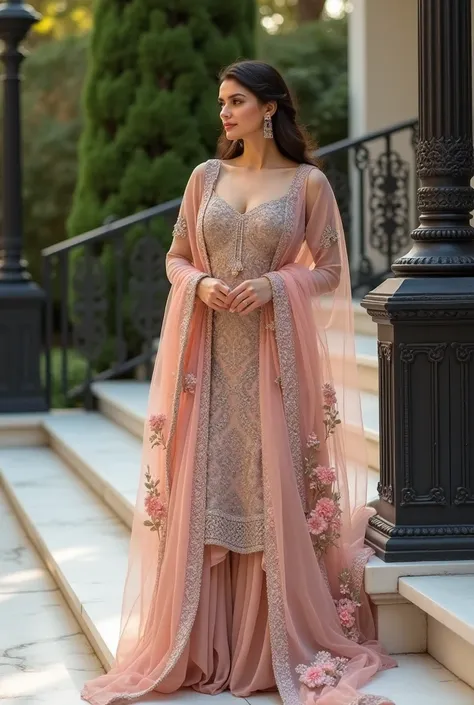 "Design an elegant and luxurious scene featuring a woman huge breast softly smiling dressed in a black traditional embroidered outfit with intricate floral patterns in shades of pink and silver. The outfit includes a long flowing dupatta draped gracefully,...