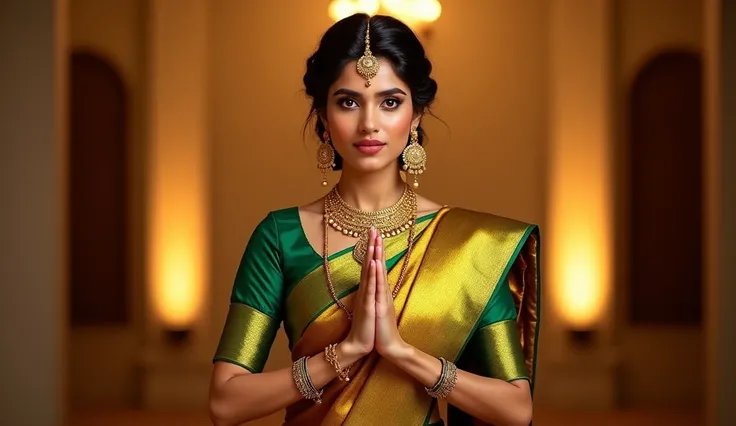 Create a portrait of a woman wearing a traditional Indian saree in golden and green hues, adorned with intricate gold jewelry including a necklace, earrings, and a bindi. The subject has her hands in a namaste pose, exuding a serene and spiritual aura. The...