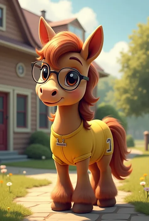 "A realistic pony with soft brown fur, wearing glasses and a yellow shirt, standing near a school with a curious and adventurous expression."