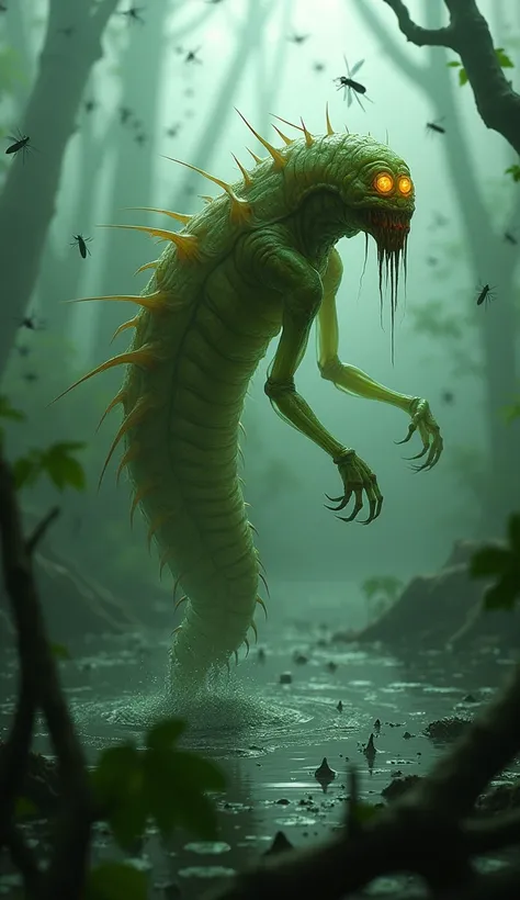 "Create a highly detailed and realistic depiction of a demonic entity representing malaria. The demon has a grotesque, insect-like appearance, resembling a monstrous mosquito larva. Its body is segmented and slimy, with translucent, veiny skin that glows f...