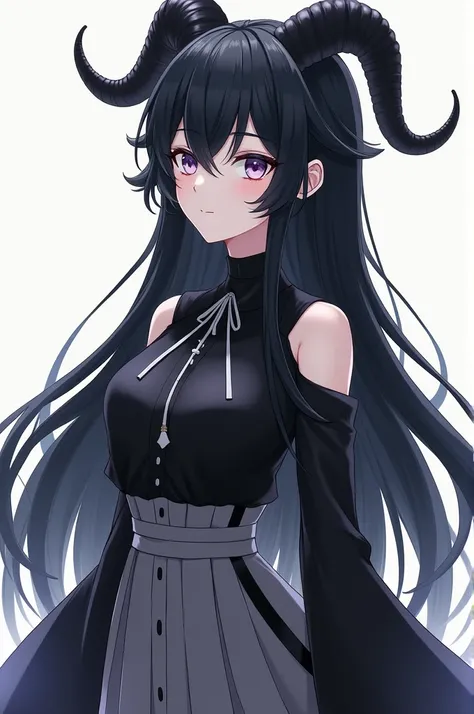 Anime women white skin black hair black horns black cacucha black blouse black sleeves gray skirt with black 