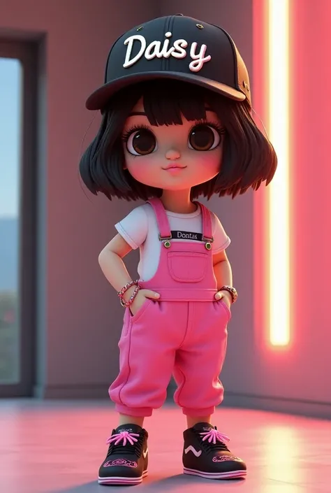 A 9D render of a chibi-style female character named Daisy standing playfully next to a modern theater studio with seamless walls. Daisy has short, black brown hair and wears a black cap with her name "daisy" inscribed in metallic white and gold. She is dre...