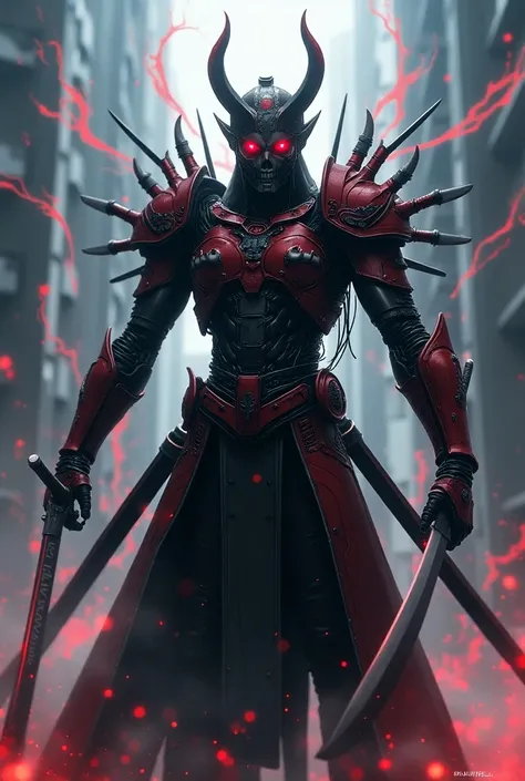 Japan in 2050、 The warrior looks like a fusion of samurai, skulls, aliens, predator, and terminator look here in a flashy pose、 has 3 arms on the left and right like an Asura statue, and holds 4 swords and a cyber ray gun raised, respectively、 the face is ...