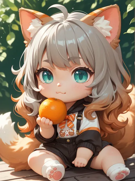 solo, cat girl, :3, teenager , aqua eyes, white gray hair, gradient orange hair, gradient brown hair, wavy bob, big brown cat ears with black and orange stripes, fluffy big tail brown with black and orange stripes. CHIBI
