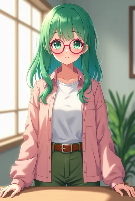 A young woman with long, layered green hair that transitions to teal at the ends, styled slightly wavy, wearing round pink glasses. She has bright green eyes and a calm, confident expression. Her outfit includes a loose light-pink button-up shirt worn open...