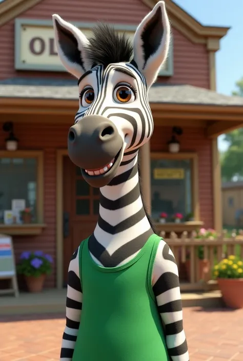  "A realistic zebra with black and white stripes, wearing a bright green dress, standing near a post office with a cheerful demeanor."