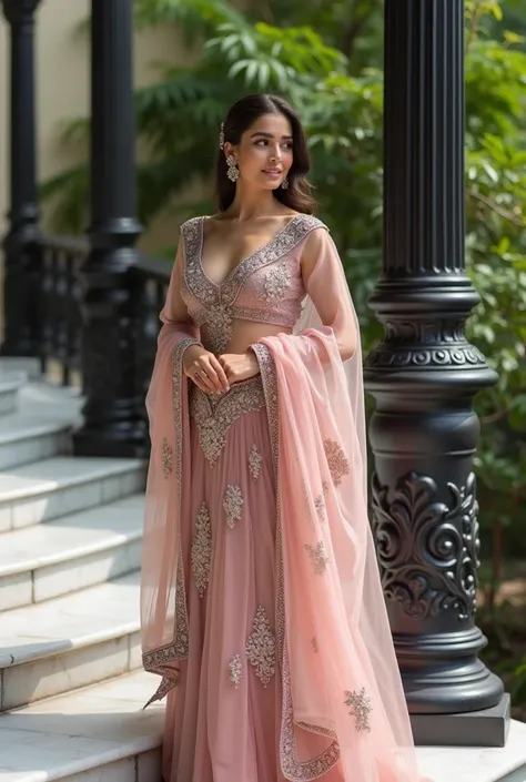 "Design an elegant and luxurious scene featuring a woman huge breast softly smiling dressed in a black traditional embroidered outfit with intricate floral patterns in shades of pink and silver. The outfit includes a long flowing dupatta draped gracefully,...