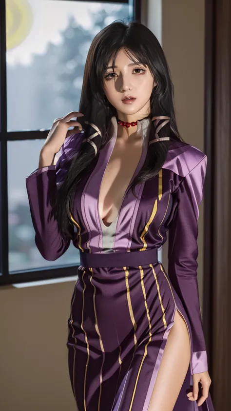 (night:1.7), hd, in front of the window with the curtain, curtain, stand in an upright and immobile position, purple costume, ch...