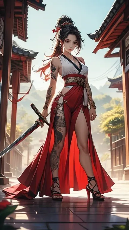 woman sitting on the ground with a sword and tattoo, Slim Yakuza Girl, katanas strapped to her back, Oriental tattoos, She holds a katana sword, female Samurai, Yakuza tattoo on the body, of a Taiwanese girl with tattoos, Full body tattoos, Full body tatto...