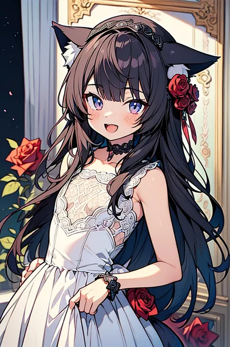 (hyper ultra detailed anime illustration:1.4), masterpiece,best quality,ultra detailed,1 small boy,cute young boy, wolf ears, wolf tail,black hair,long hair, choker,gothic luxury rose-lace dress, gothic luxury rose-lace hat,open mouth smile, elegance rose-...