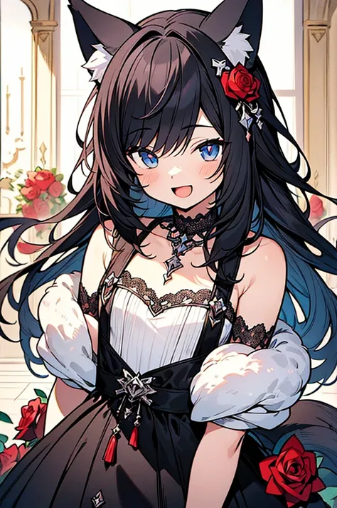 (hyper ultra detailed anime illustration:1.4), masterpiece,best quality,ultra detailed,1 small boy,cute young boy, wolf ears, wolf tail,black hair,long hair, choker,gothic luxury rose-lace dress, gothic luxury rose-lace hat,open mouth smile, elegance rose-...