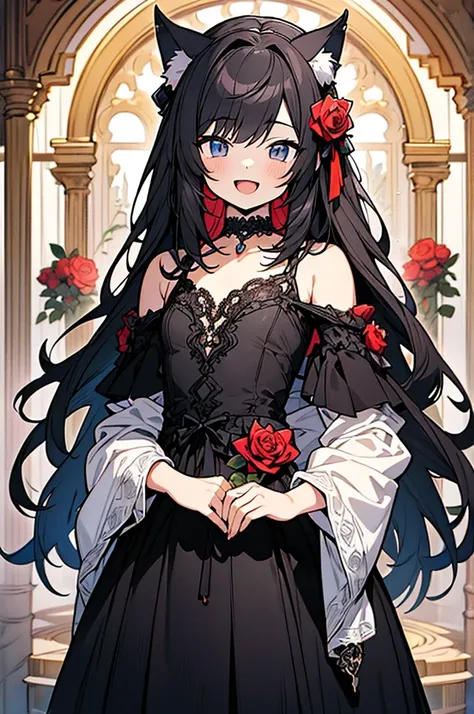 (hyper ultra detailed anime illustration:1.4), masterpiece,best quality,ultra detailed,1 small boy,cute young boy, wolf ears, wolf tail,black hair,long hair, choker,gothic luxury rose-lace dress, gothic luxury rose-lace hat,open mouth smile, elegance rose-...